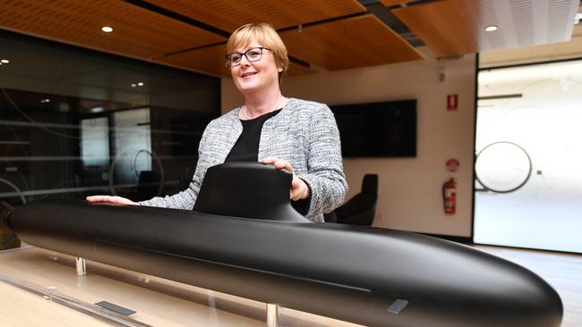 Defence Minister Linda Reynolds with a model of the French submarine. Picture: AAP