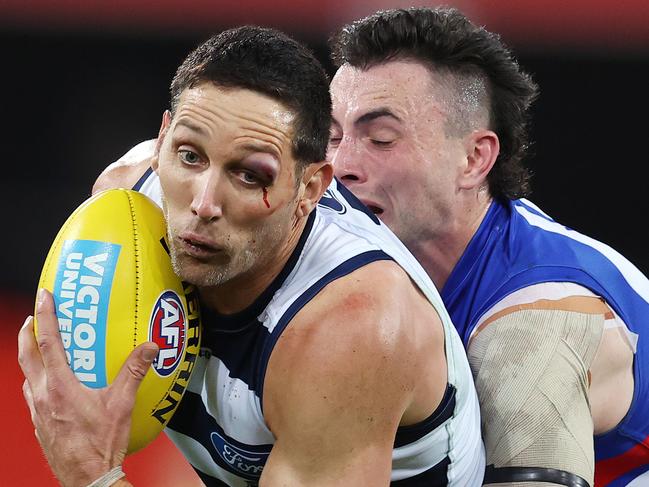 Harry Taylor is taken in a tackle. Picture: Michael Klein