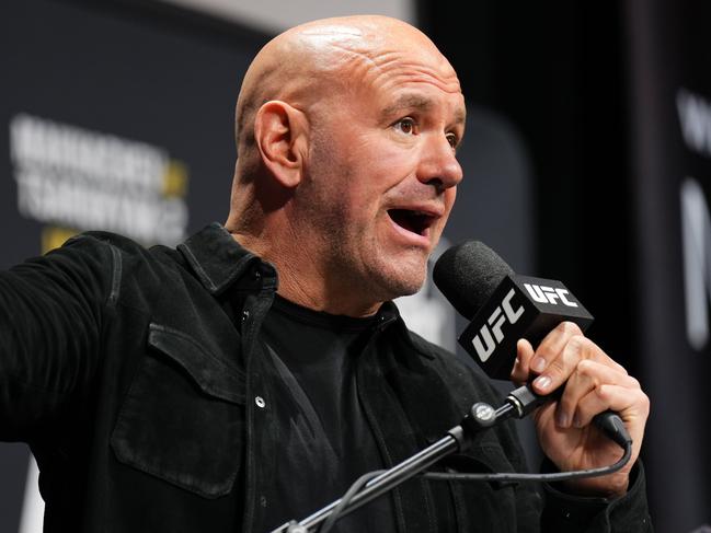 INGLEWOOD, CALIFORNIA - JANUARY 16: UFC CEO Dana White is seen on stage during the UFC 311 press conference at Intuit Dome on January 16, 2025 in Inglewood, California.  (Photo by Cooper Neill/Zuffa LLC)