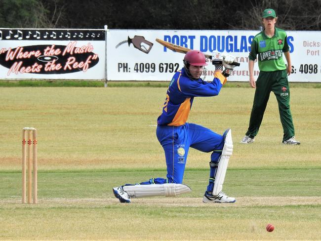 Kaiden Sorensen completes a cracking square drive for the Muddies.