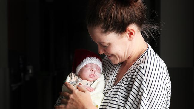 Maci Marusarz 12 weeks with mum Tahlia Evans at the Royal Hobart Hospital. Maci will spend her first Christmas in hospital. Picture: NIKKI DAVIS-JONES