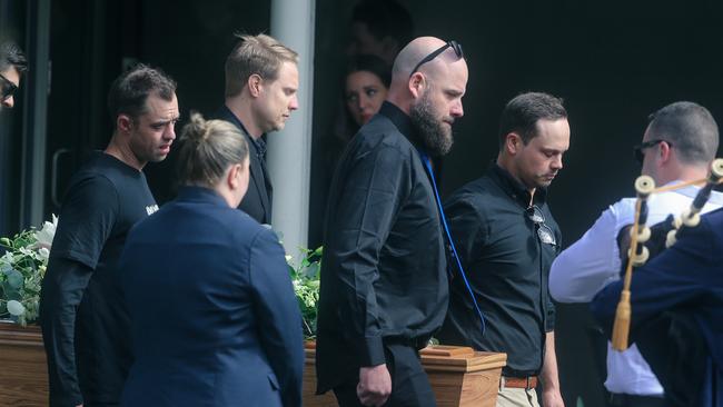 Family and friends at the funeral service for Matthew Berry at Tamborine Mountain Presbyterian Church. Picture: Glenn Campbell.