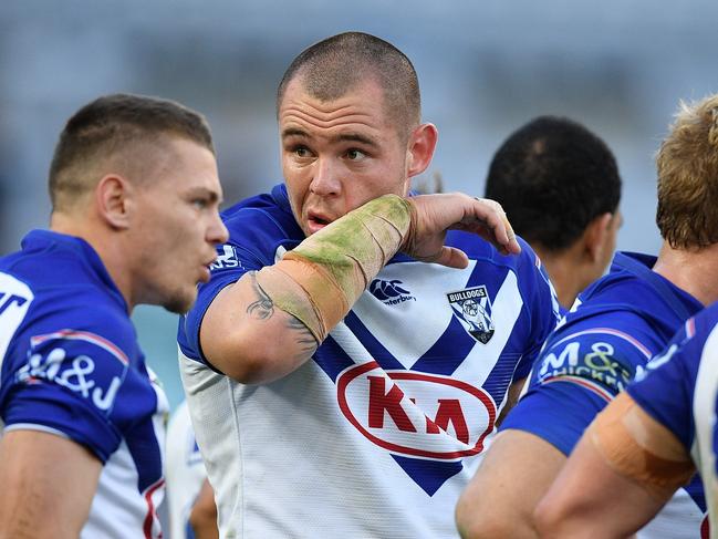 David Klemmer of the Bulldogs looks on after his team conceded a try during the Round 18 NRL match between the Canterbury-Bankstown Bulldogs and the South Sydney Rabbitohs at ANZ Stadium in Sydney, Saturday, July 14, 2018. (AAP Image/Dan Himbrechts) NO ARCHIVING, EDITORIAL USE ONLY