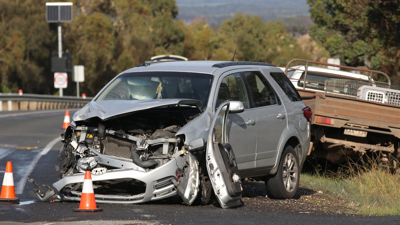 Emergency services are on scene of a two vehicle crash on the junction of Mount Moriac Road and Reservoir Road. The two vehicles involved were a For Territory and a Toyota HiLux ute. Picture: Alan Barber