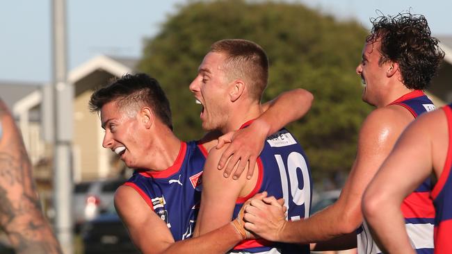 McHenry celebrates a goal against Geelong Amateur on Saturday at the Couta Bowl. Picture: Alan Barber