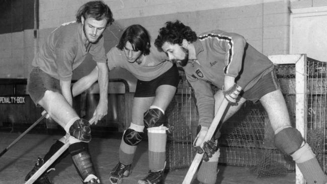 The Elizabeth roller hockey team practice at the Elizabeth rink. (L-r) club president Kevin Carraill, Kevin Weepers and Ian Roach, June 1972.