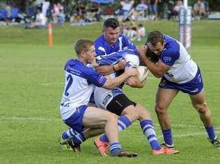 Ghosts' Mitch Gorman, Clint Greenshields and Dylan Collett muscle up in defence during the Group 2 first grade rugby league clash between Grafton Ghosts and Macksville Sea Eagles at Frank McGuren Field. Picture: Matthew Elkerton