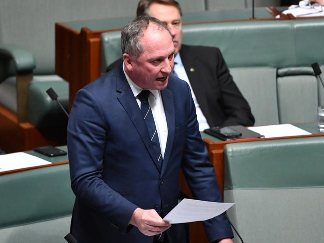 Nationals member for New England Barnaby Joyce before Question Time in the House of Representatives at Parliament House in Canberra, Thursday, August 1, 2019. (AAP Image/Mick Tsikas) NO ARCHIVING