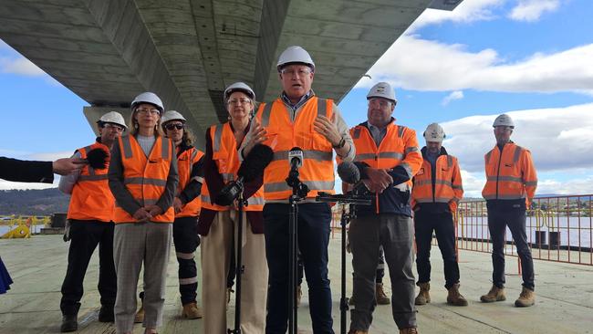 Premier Jeremy Rockliff with state and federal MPs at the Bridgewater Bridge site on Monday, December 2, 2024.