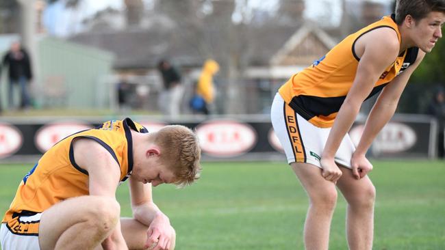 Dejected Strathmore players after the final siren. Picture: Jamie Morey