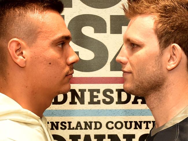 Boxers Tim Tszyu and Jeff Horn at Queensland Country Bank Stadium for announcement of 'Rumble on the Reef'. Picture: Evan Morgan