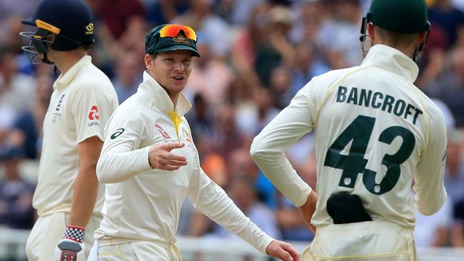 Steve Smith directs Cameron Bancroft during play on day three at Edgbaston.