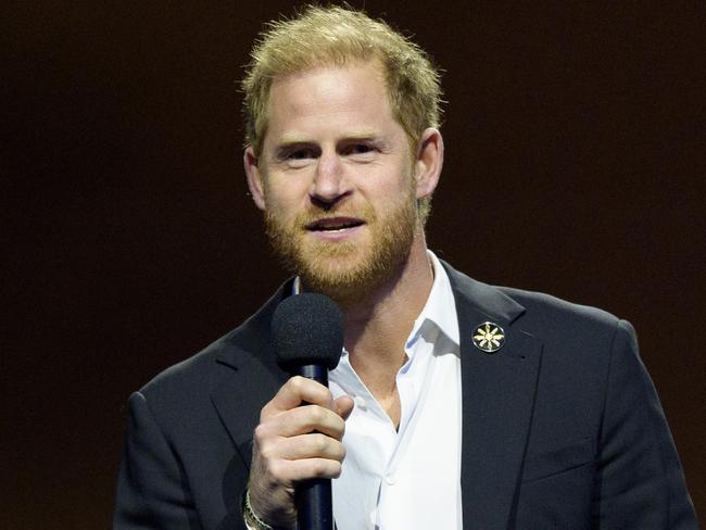 VANCOUVER, CANADA - FEBRUARY 16: Prince Harry, The Duke of Sussex, Founder and Patron of the Invictus Games Foundation delivers remarks at the Closing Ceremonies of the Invictus Games Vancouver Whistler 2025 on February 15, 2025. at Rogers Arena in Vancouver, Canada.  (Photo by Jeff Vinnick/Getty Images for Invictus Games Vancouver Whistler 2025)