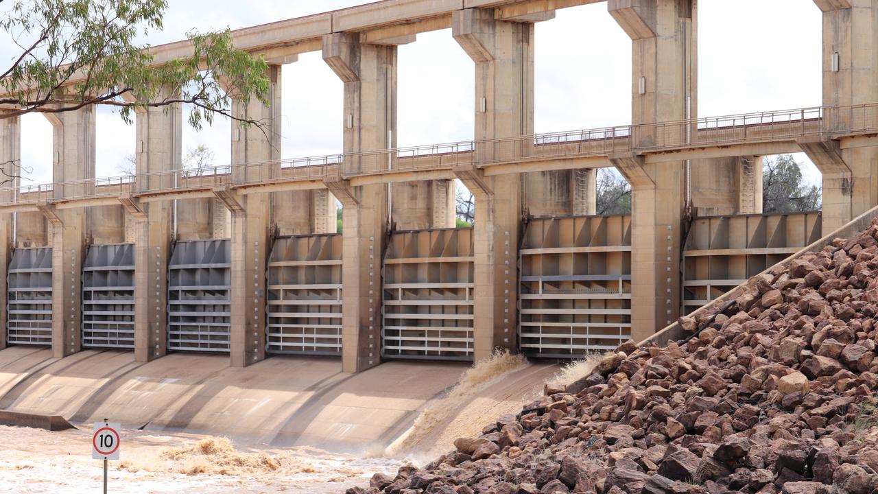 E.J. Beardmore Dam, St George, February 13. Massive inflows have nearly filled the dam, and water is spilling over.