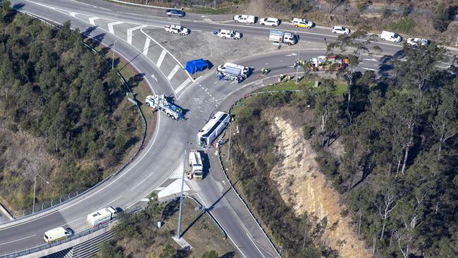 Aerial scene coverage from the site where 10 people have died, and 11 people were hospitalised after a bus carrying wedding guests crashed in the Hunter Valley. Picture: NCA NewsWire / Christian Gilles