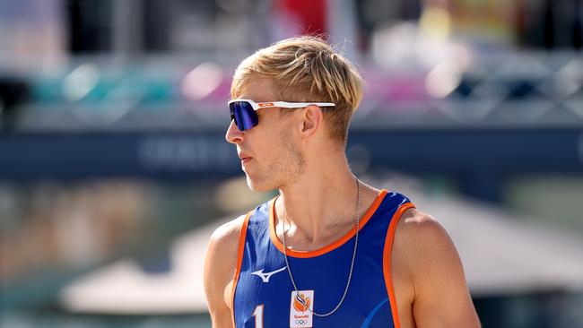 PARIS, FRANCE - JULY 28: Steven van de Velde of Team Netherlands looks on during the Men's Preliminary Phase - Pool B match between Team Netherlands and Team Italy on day two of the Olympic Games Paris 2024 at Eiffel Tower Stadium on July 28, 2024 in Paris, France. (Photo by Cameron Spencer/Getty Images)