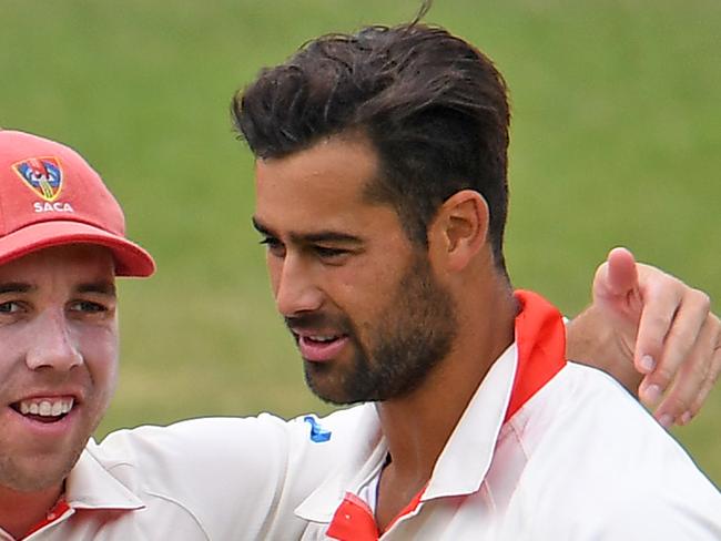 HOBART, AUSTRALIA - DECEMBER 09: Wes Agar of the Redbacks celebrates the wicket of Mac Wright during day three of the Sheffield Shield match between Tasmania and South Australia at Blundstone Arenaon December 09, 2019 in Hobart, Australia. (Photo by Steve Bell/Getty Images)