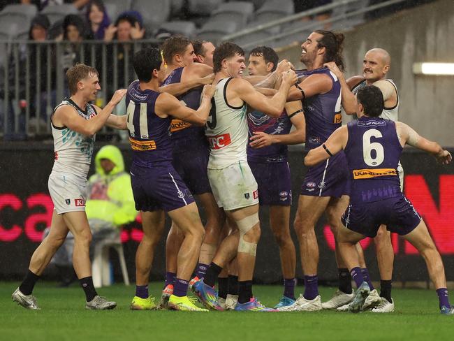 Port Adelaide players weren’t happy with Pearce’s collision, but the tribunal disagreed. Picture: Janelle St Pierre