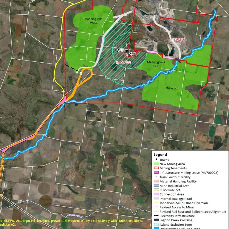 Maps of the proposed Stage 3 expansion of the New Acland Coal Mine. The area is green shows the new coal pits. The town of Acland is in the centre.