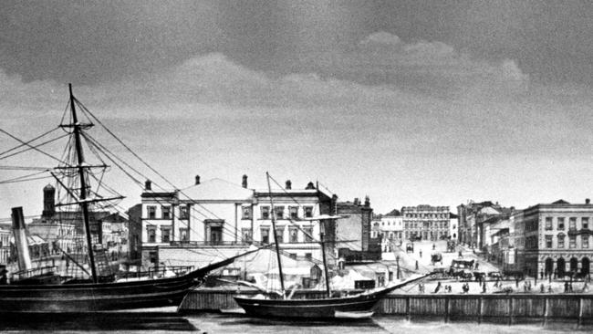 An 1884 painting shows a ship moored near Customs House in Flinders Street, Melbourne. Picture: Supplied