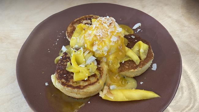 The mango and passionfruit curd hotcakes at Bear Boy Espresso in Windsor.