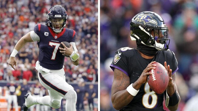 CJ Stroud of the Houston Texans (L) and Lamar Jackson of the Baltimore Ravens (R). Pictures: Carmen Mandato and Rob Carr/Getty Images