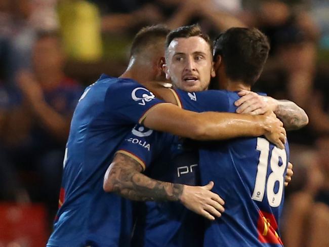 NEWCASTLE, AUSTRALIA - APRIL 06: Roy O'Donovan of the Newcastle Jets celebrates his goal with team mates during the round 24 A-League match between the Newcastle Jets and the Western Sydney Wanderers at McDonald Jones Stadium on April 06, 2019 in Newcastle, Australia. (Photo by Ashley Feder/Getty Images)