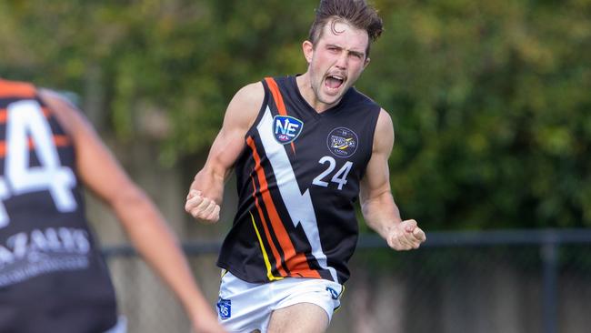 Thunder skipper Abe Ankers was at his inspirational best against Southport on the Gold Coast yesterday. Picture: AFLNT/Media