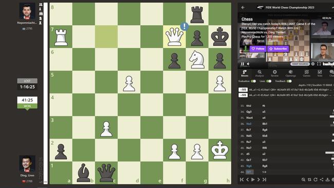 Ding found the brilliant move 44. Qf7, setting up the unstoppable threat of mate in eight moves. Picture: Chess.com