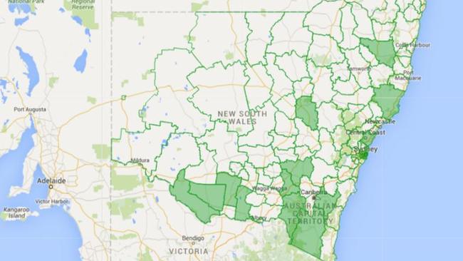 New councils across NSW shaded in green.