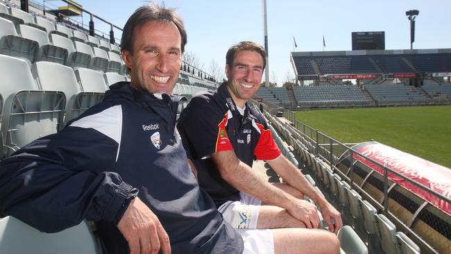 Aurelio Vidmar, left, with brother Tony at Hindmarsh Stadium in 2008.