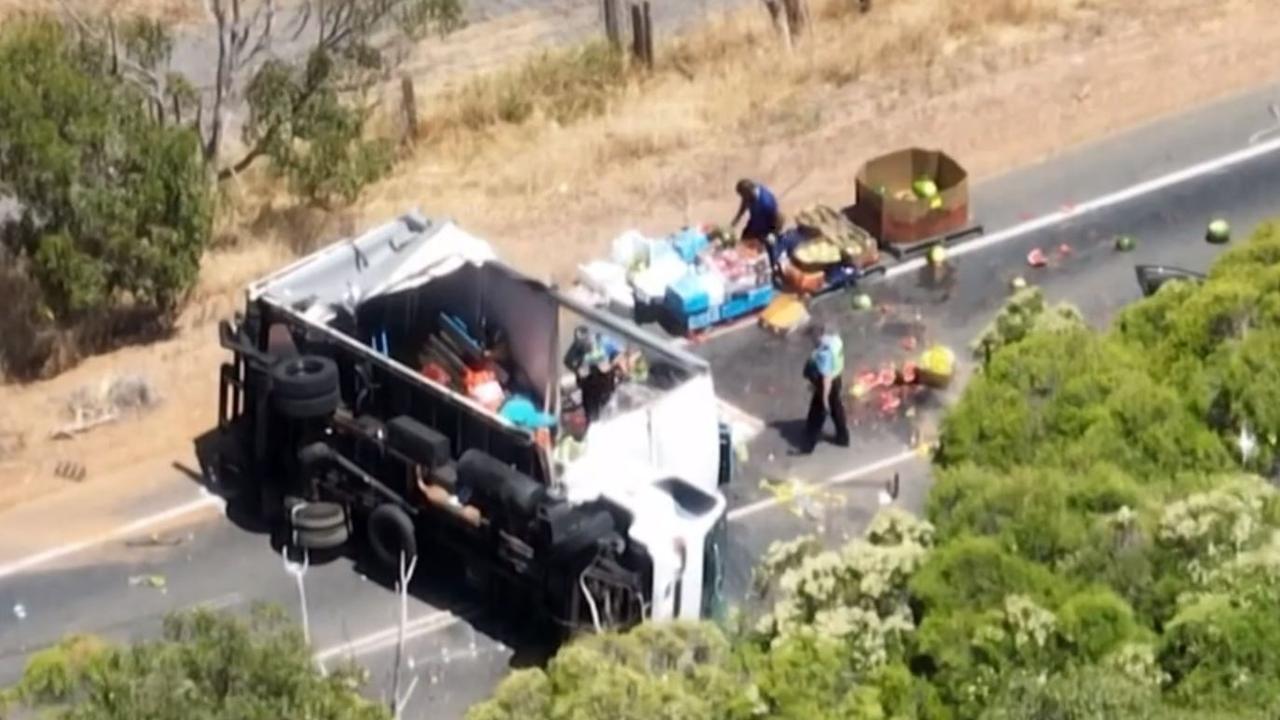 A trail of destruction spanning hundreds of metres was left behind when a disability support van collided with a produce truck. Picture: Nine News