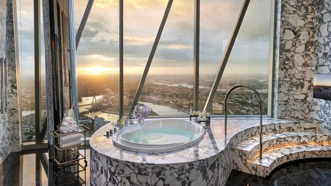 The marble spa bath in Crown Sydney’s palatial suite. Picture: supplied.