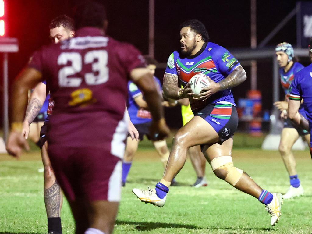 Innisfail's Lata Fakalelu on the charge in the Far North Queensland Rugby League (FNQRL) Men's minor semi final match between the Innisfail Leprechauns and the Yarrabah Seahawks, held at Smithfield Sporting Complex. Picture: Brendan Radke