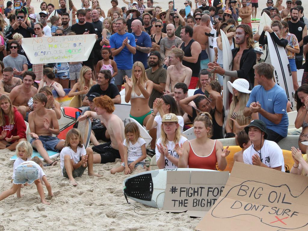 Protest at Burleigh against an oil company drilling in the Great Australian Bight. Pic Mike Batterham.