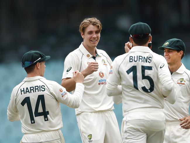 Australia's Cameron Green celebrates his wicket of  of India's Shubman Gill during Day 1 of India v Australia A day/night tour match at the SCG. Picture. Phil Hillyard