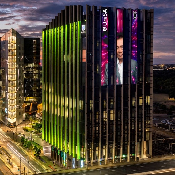 Artist's impression of an image of George Takei on the UniSA’s Bradley Building on North Tce. Picture: UniSA