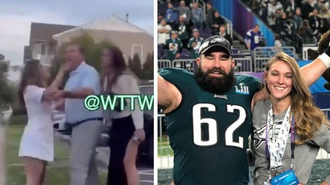 Jason Kelce's wife Kylie was videoed in a furious confrontation. Photo: Twitter and Instagram