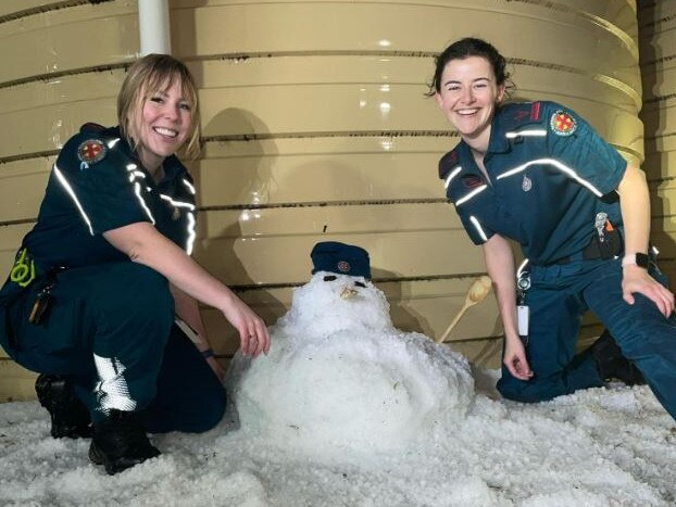 Returning to Nanango station from Kingaroy Hospital on Tuesday night to finish their shift, officers Kate and Paige arrived to a winter wonderland.