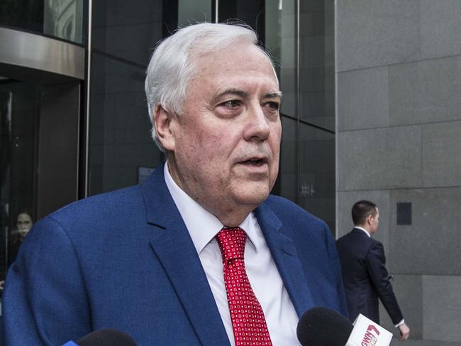 Australian businessman, Clive Palmer speaks to the media at the Perth Supreme Court, Wednesday, June 14, 2017. Clive Palmer is in a Perth court as his private firm Mineralogy embarks on its main legal battle with estranged joint-venture partner CITIC Pacific. (AAP Image/Tony McDonough) NO ARCHIVING