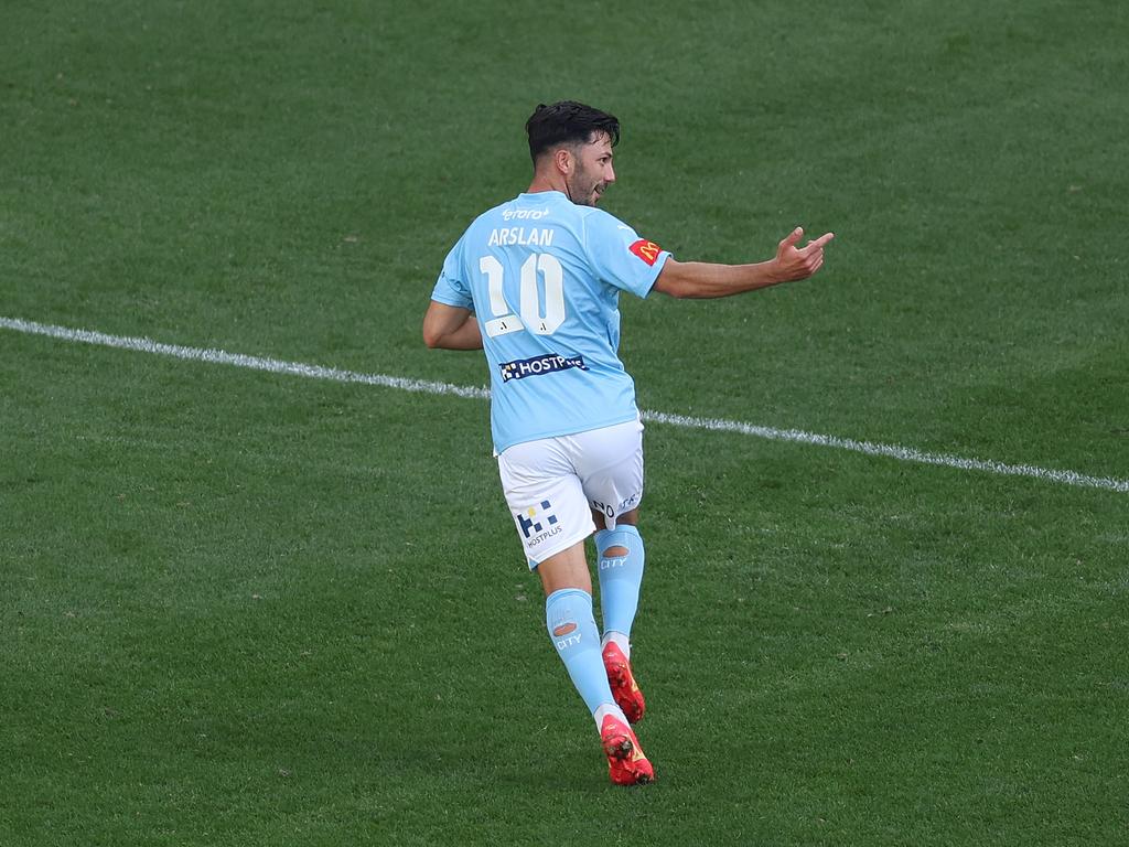 Tolgay Arslan celebrates after scoring one his three goals against Perth Glory. Picture: Robert Cianflone/Getty Images