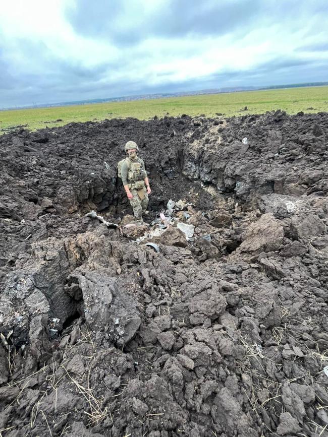 The crater left after a Russian s300 missile hit a Ukrainian military. Picture: Supplied.