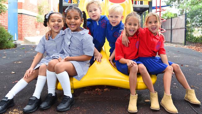 Twins Mina and Marwah Ademe, Jesse and Sunny Bowler and Michaela and Olivia Gardiner will start at Port Melbourne Primary on Thursday. Picture: Josie Hayden