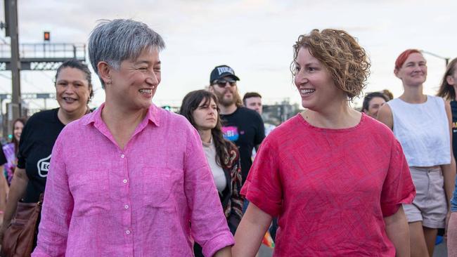 Senator Penny Wong with partner Sophie Allouache at Sydney's Pride March in February. Picture: Facebook/Penny Wong