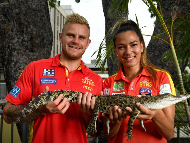 Gold Coast suns players Brandon Ellis and Taylor Thorn are in the Northern Territory to promote their team and the AFL in the NT.Picture: Che Chorley