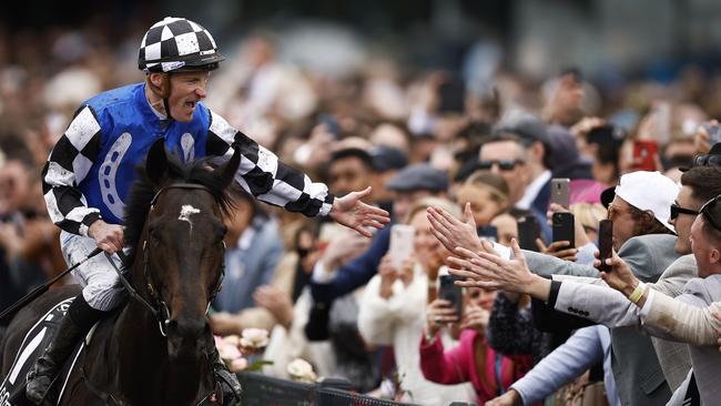 Mark Zahra celebrates after riding Gold Trip to victory in the 2022 Melbourne Cup on Tuesday. Picture: Getty Images