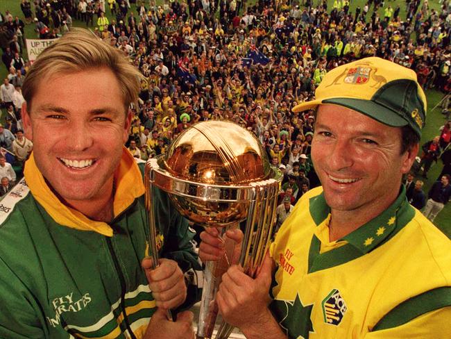 Teammates, not mates: Shane Warne and Steve Waugh after winning the 1999 World Cup. 