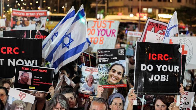 A rally in Tel Aviv demands the International Committee of the Red Cross to take action to secure the release of hostages abducted by Hamas on October 7. Picture: AFP