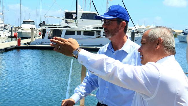 Gold Coast Waterways Authority CEO Hal Morris and Gold Coast Mayor Tom Tate at Southport Yacht Club on Thursday. Picture: Luke Mortimer