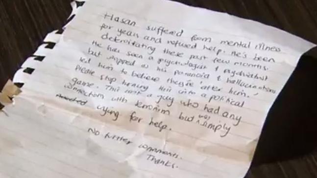 A letter from Hasan Khalid Shire Ali's family. Source: 9 News